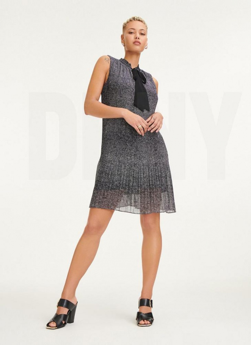Black / White DKNY Sleeveless Pleated Tie Neck Women's Dresses | USA-D0141