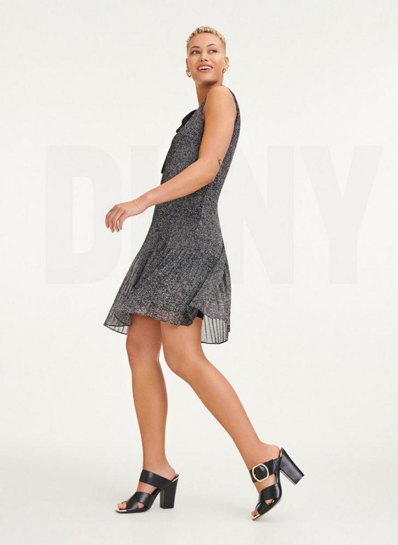 Black / White DKNY Sleeveless Pleated Tie Neck Women's Dresses | USA-D0141