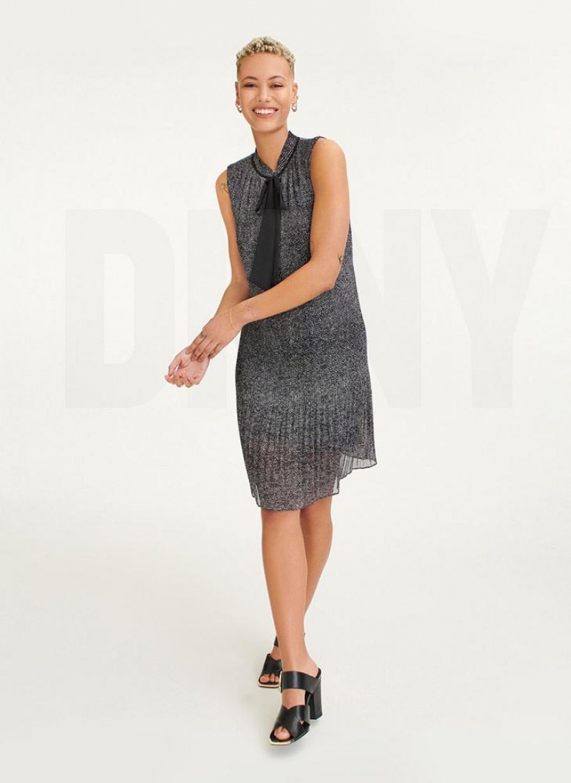 Black / White DKNY Sleeveless Pleated Tie Neck Women's Dresses | USA-D0141