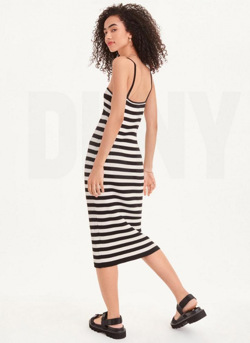 Black / White DKNY Sleeveless Striped Women's Dresses | USA-D1983