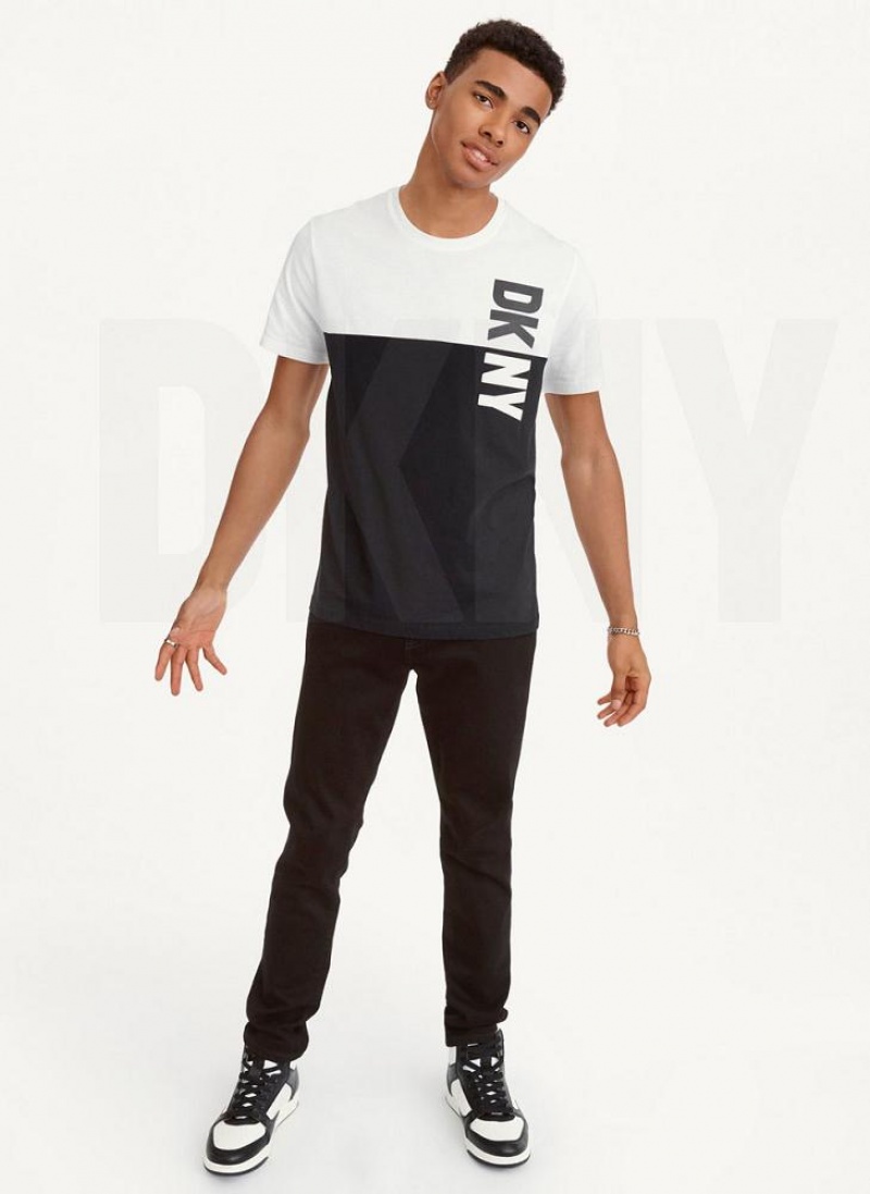 Black / White DKNY Split Logo Crewneck Men's T Shirts | USA-D1496