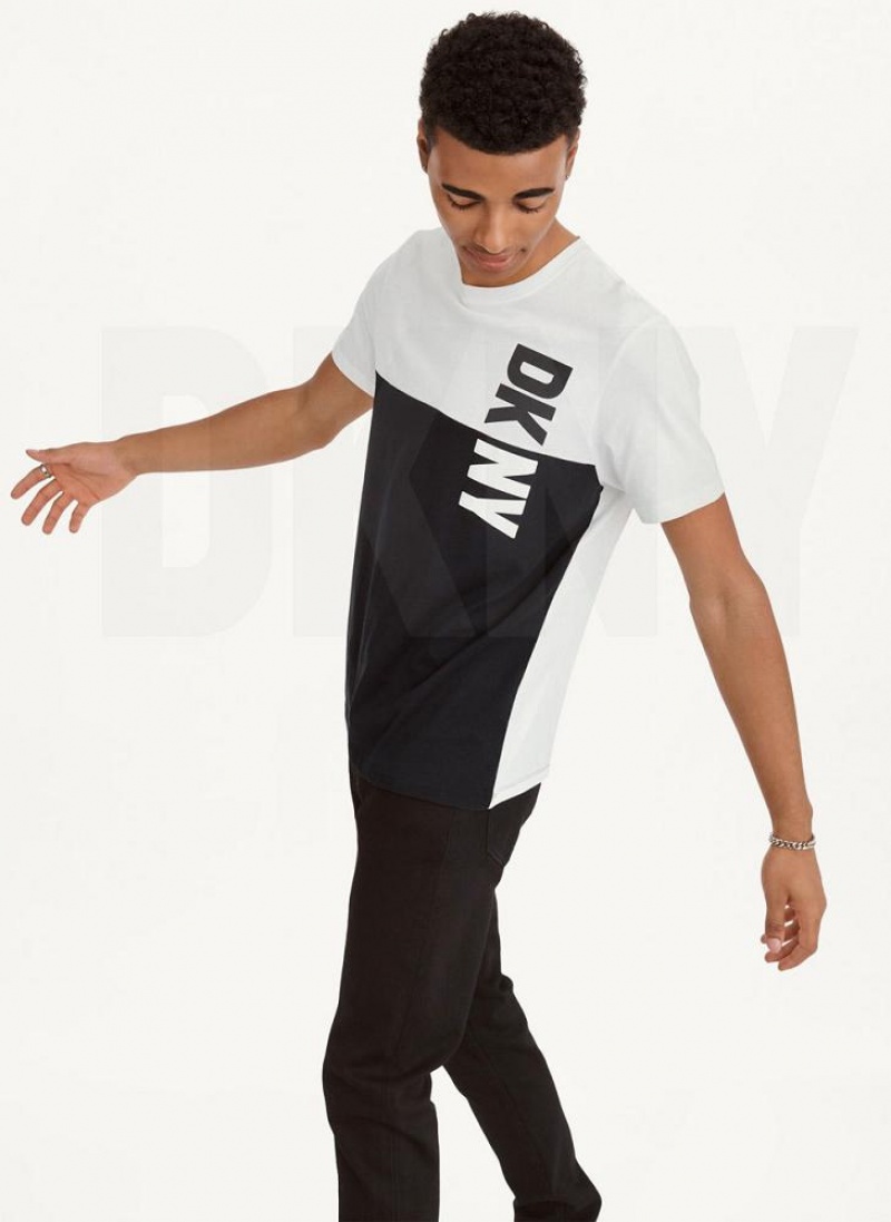 Black / White DKNY Split Logo Crewneck Men's T Shirts | USA-D1496