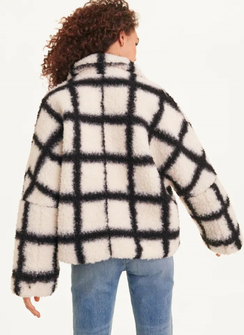 Black / White DKNY Windowpane Sherpa Women's Jackets | USA-D1851