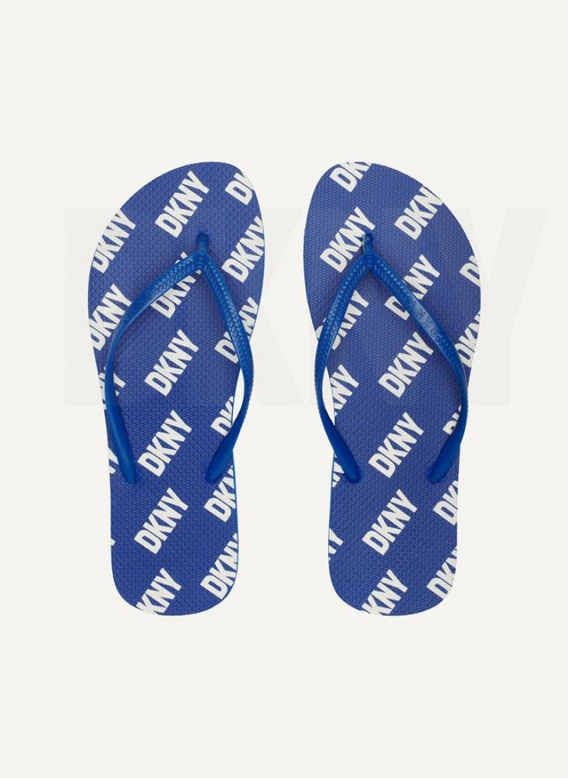 Blue DKNY Allover Logo Men\'s Flip Flops | USA-D1547