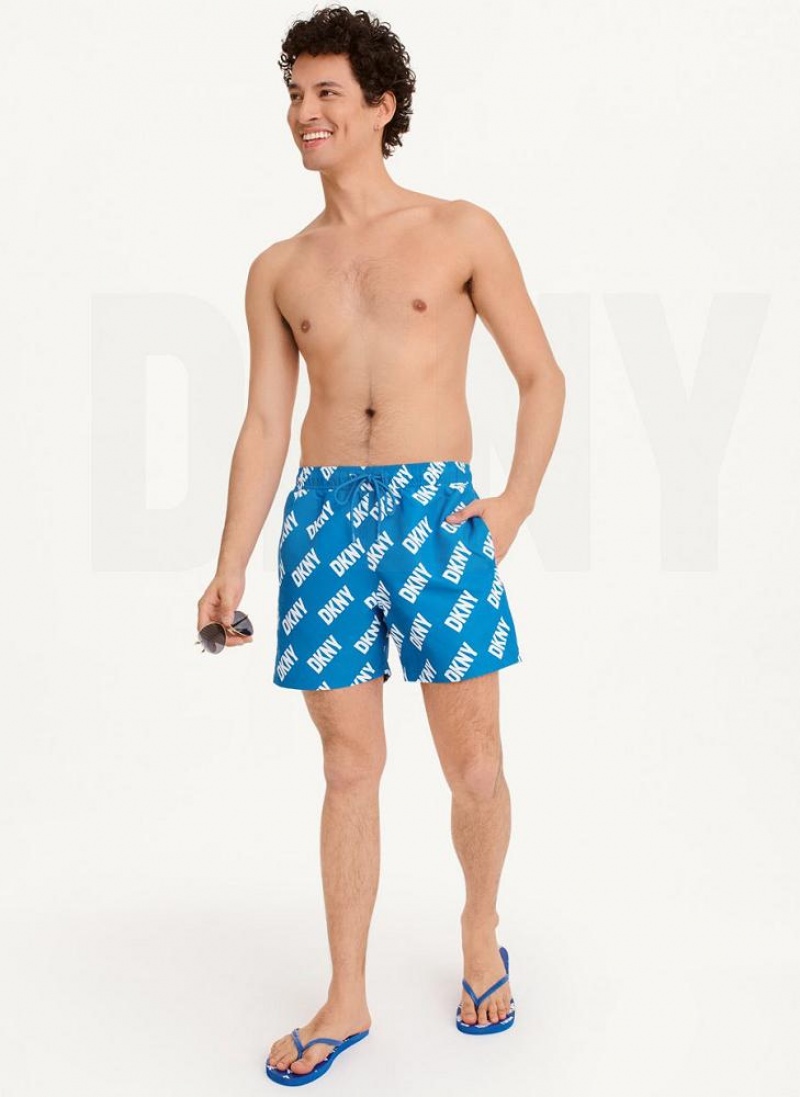 Blue DKNY Allover Logo Swims Men's Shorts | USA-D1767