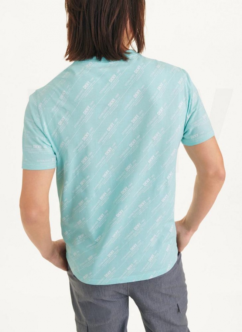 Blue DKNY Allover Stripe Logo Men's T Shirts | USA-D1449