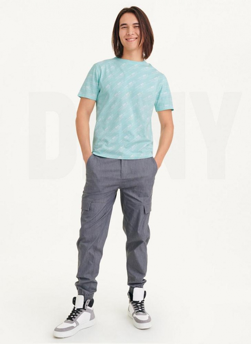 Blue DKNY Allover Stripe Logo Men's T Shirts | USA-D1449