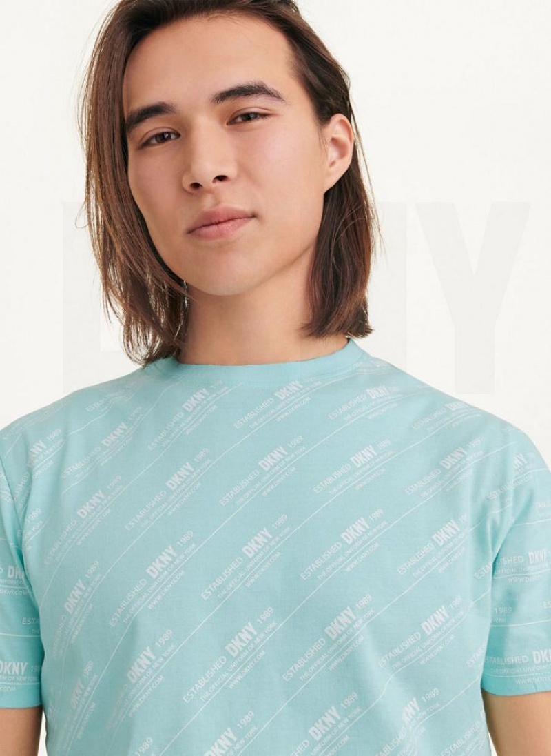 Blue DKNY Allover Stripe Logo Men's T Shirts | USA-D1449