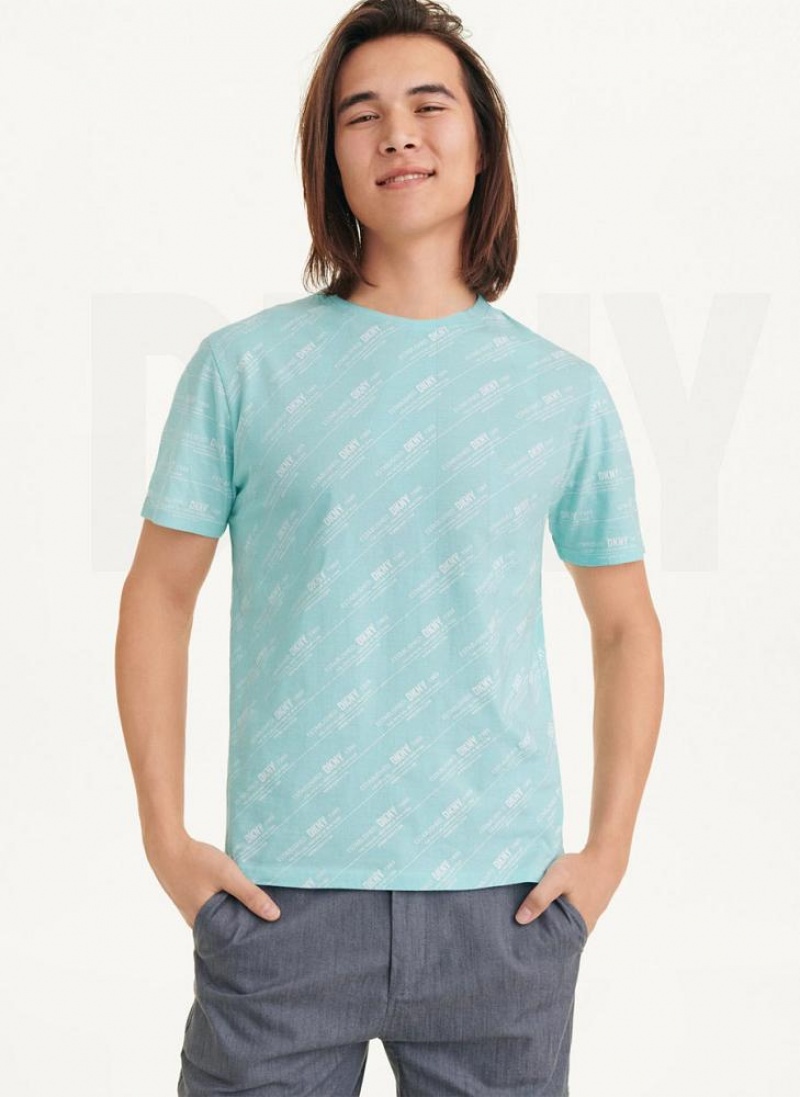 Blue DKNY Allover Stripe Logo Men\'s T Shirts | USA-D1449