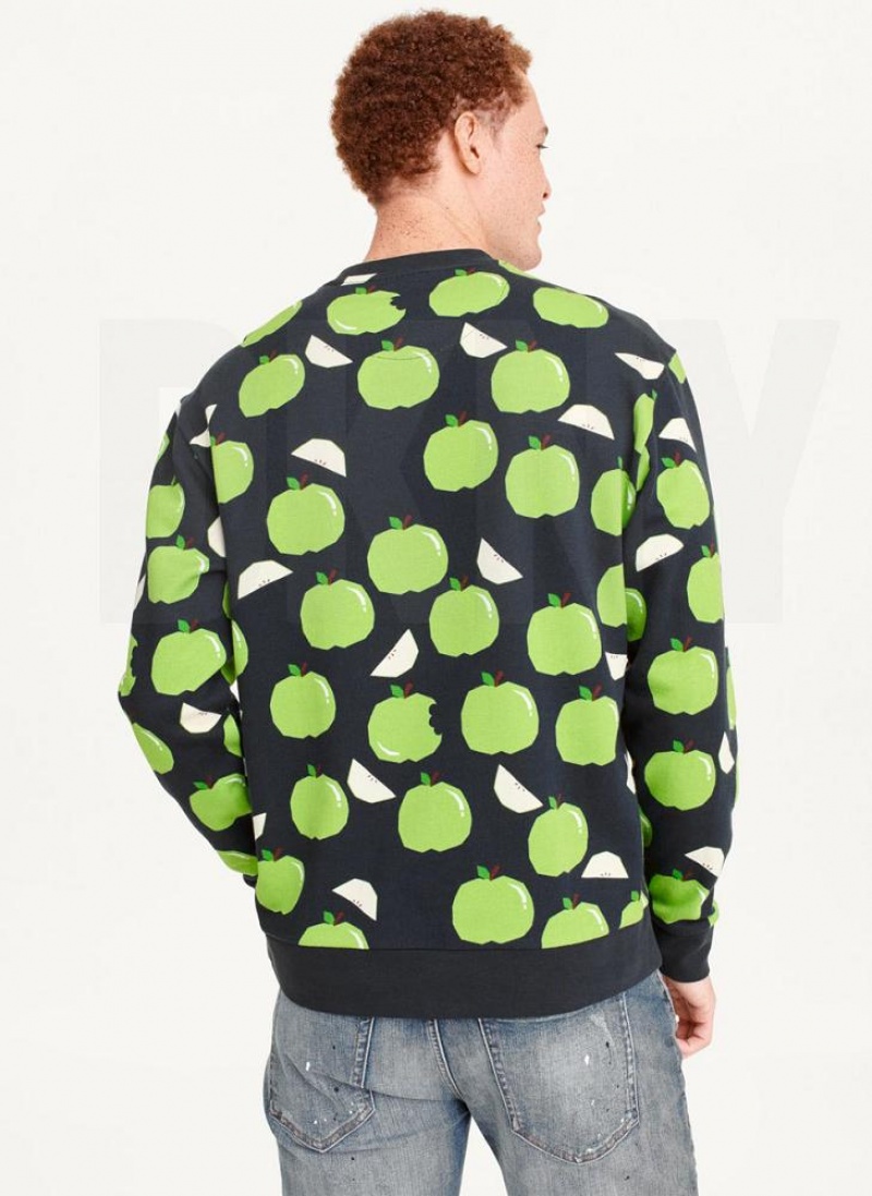 Blue DKNY Apple Print Long Sleeve Crew Neck Men's Sweatshirts | USA-D1360
