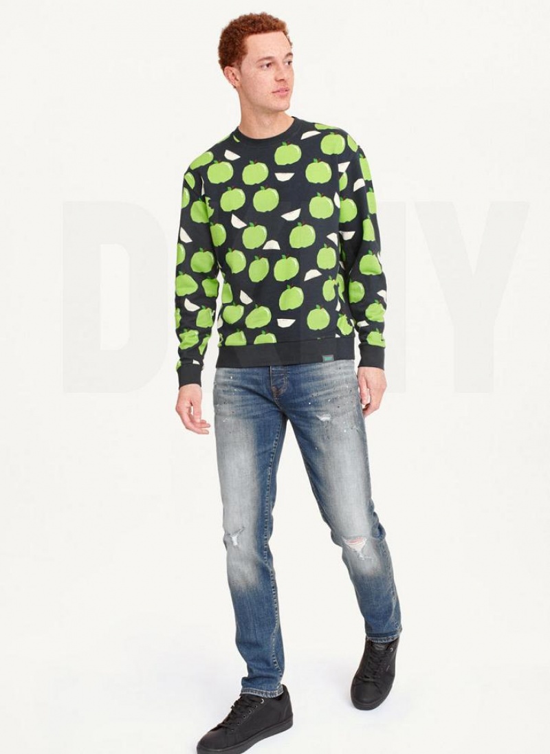 Blue DKNY Apple Print Long Sleeve Crew Neck Men's Sweatshirts | USA-D1360