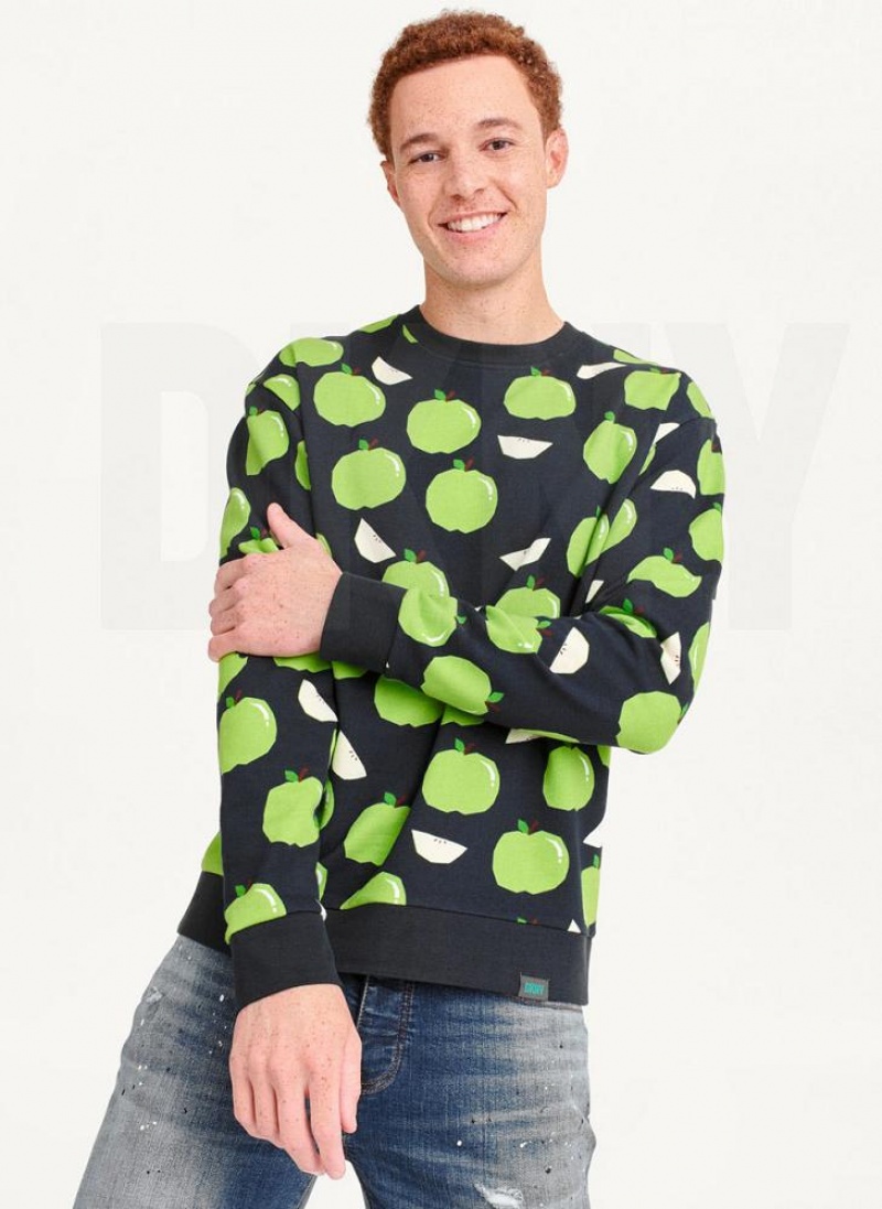 Blue DKNY Apple Print Long Sleeve Crew Neck Men\'s Sweatshirts | USA-D1360