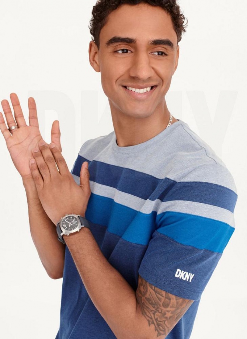 Blue DKNY Block Short Sleeve Crewneck Men's T Shirts | USA-D0448
