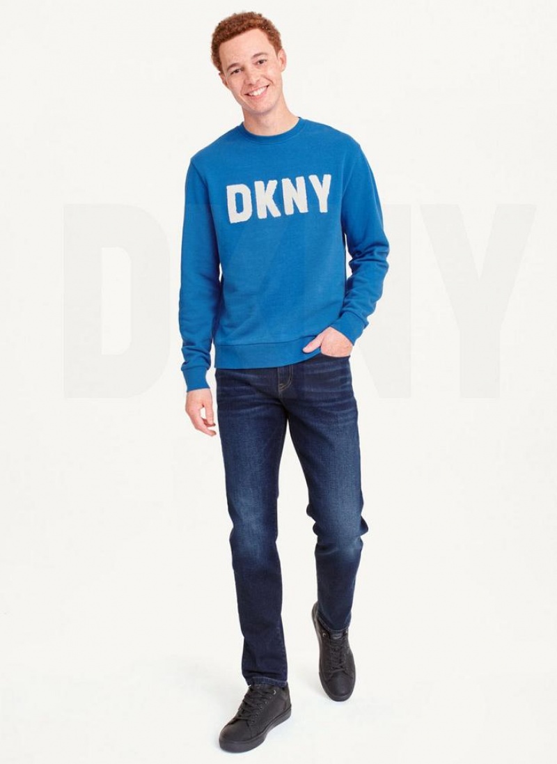 Blue DKNY Chenille Logo Crewneck Men's Sweatshirts | USA-D1036
