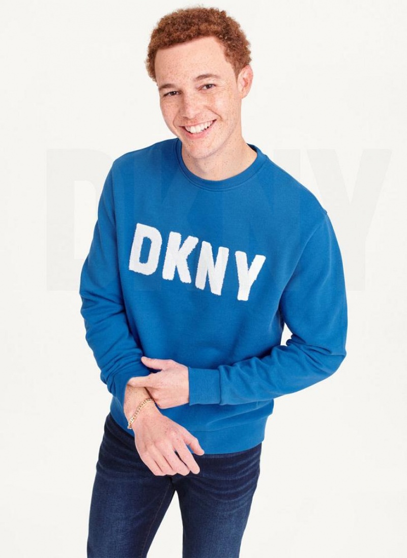 Blue DKNY Chenille Logo Crewneck Men\'s Sweatshirts | USA-D1036