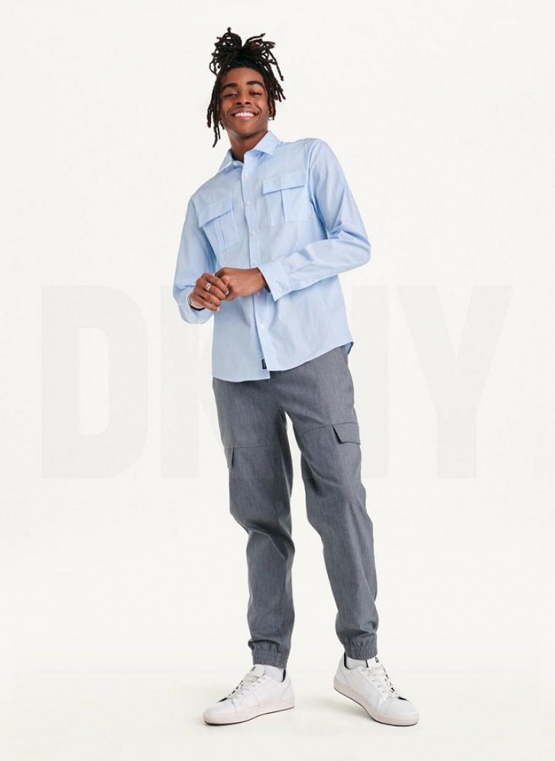 Blue DKNY Colorblocked Stripe Woven Men's Shirts | USA-D1516