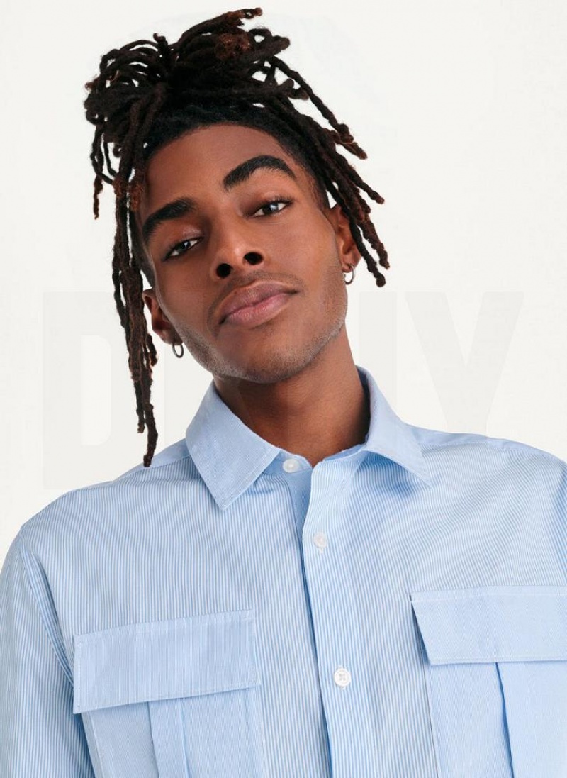 Blue DKNY Colorblocked Stripe Woven Men's Shirts | USA-D1516