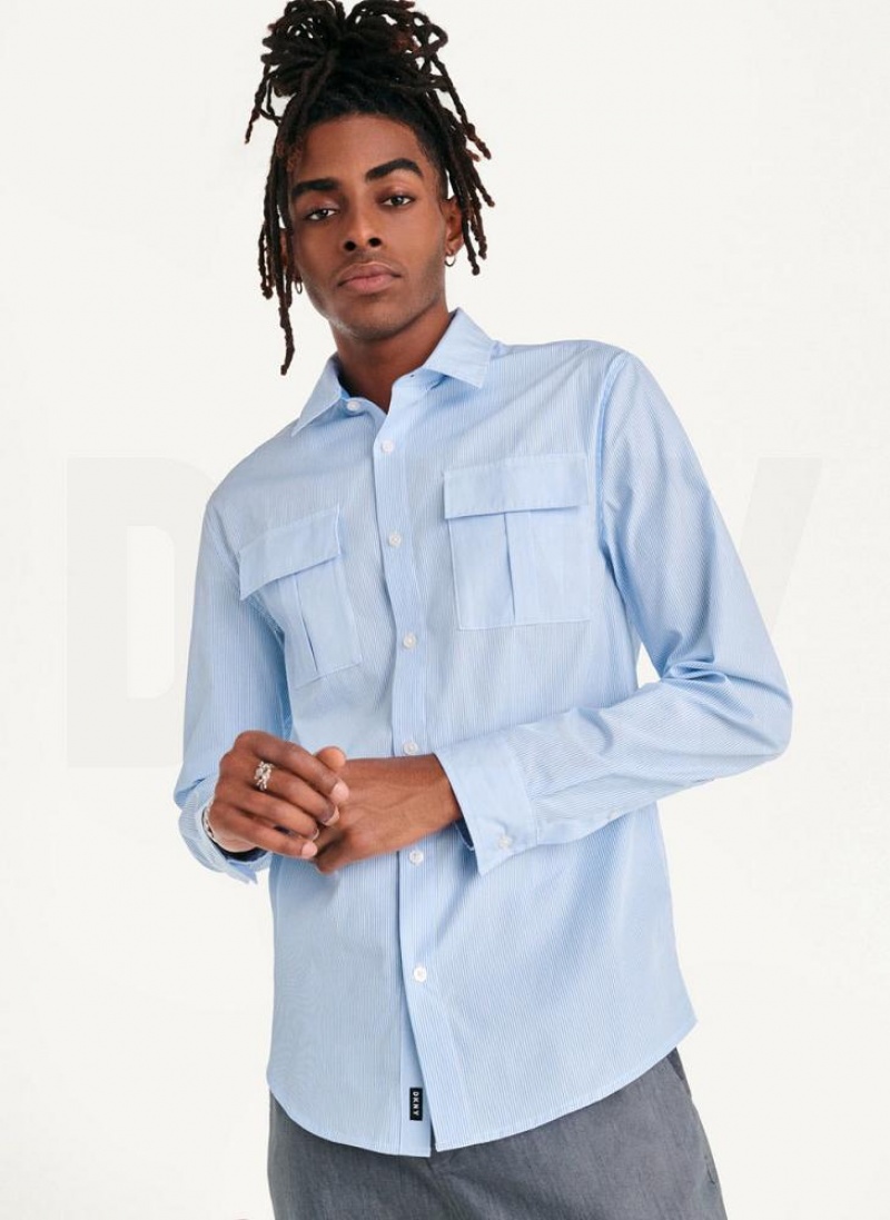 Blue DKNY Colorblocked Stripe Woven Men\'s Shirts | USA-D1516