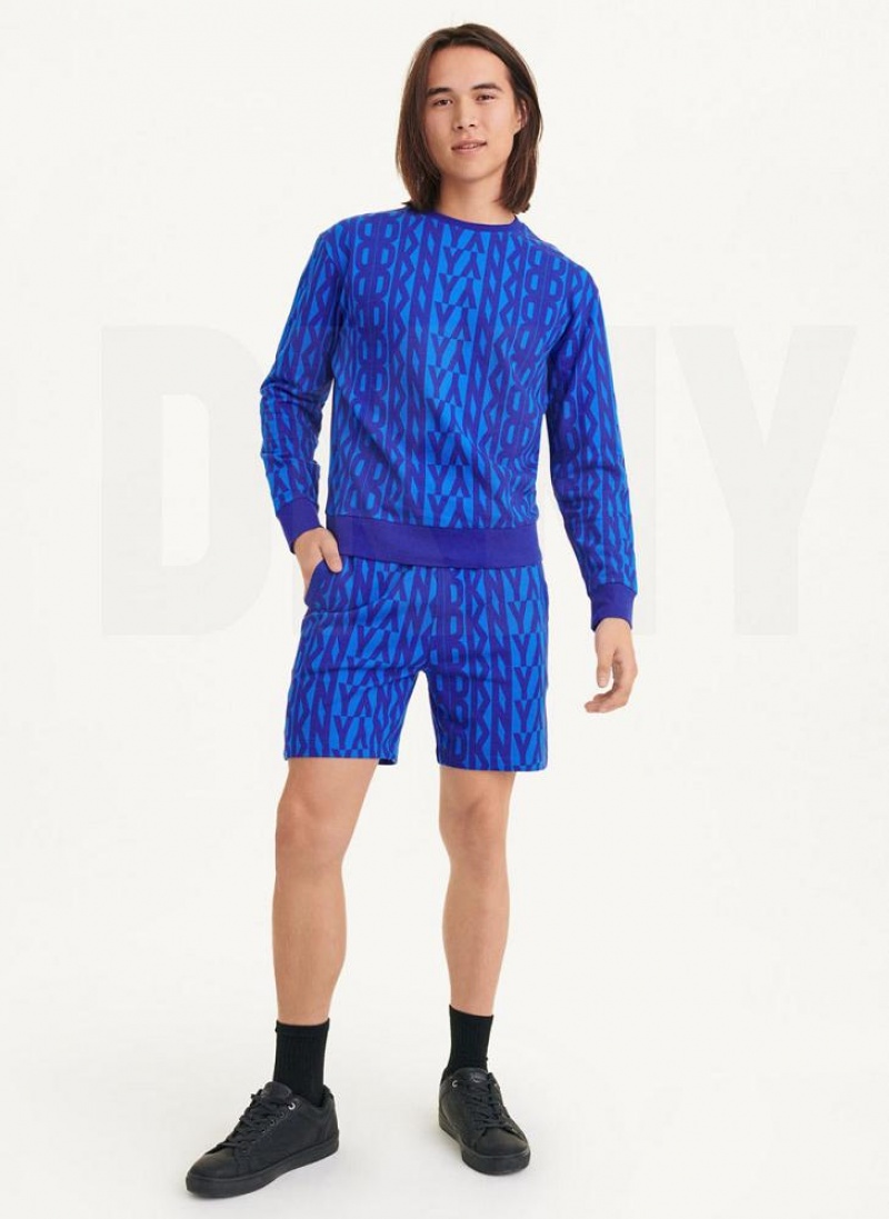 Blue DKNY Exploded Allover Logo Crew Men's Sweatshirts | USA-D0434