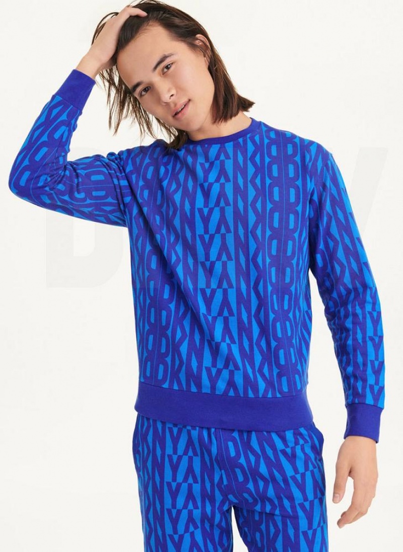 Blue DKNY Exploded Allover Logo Crew Men\'s Sweatshirts | USA-D0434