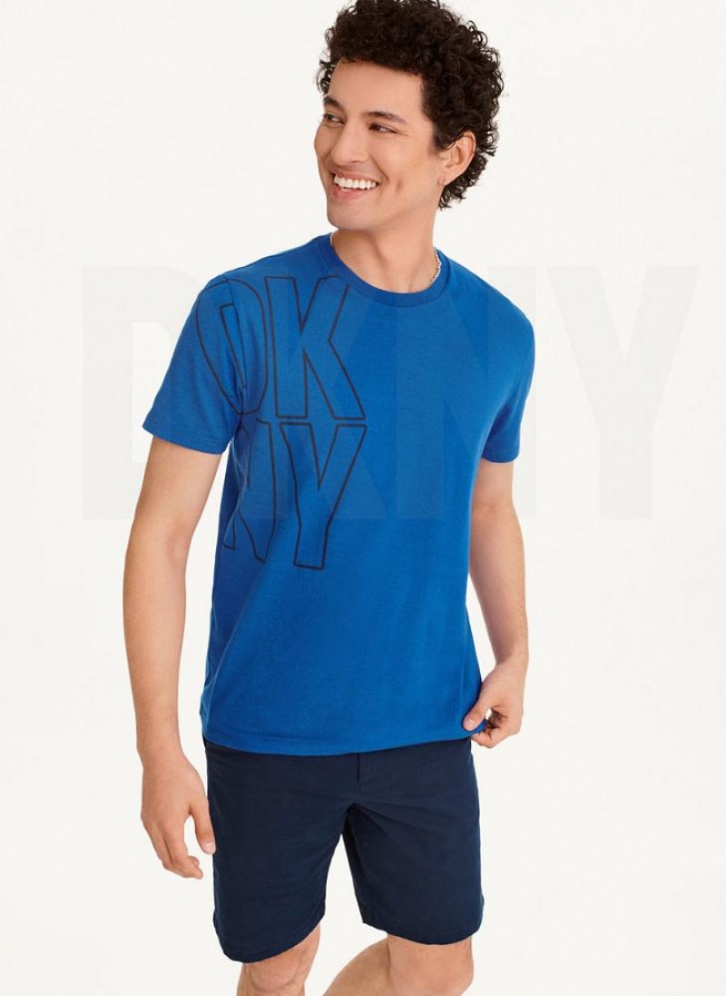 Blue DKNY Exploded Logo Outline Men\'s T Shirts | USA-D0802