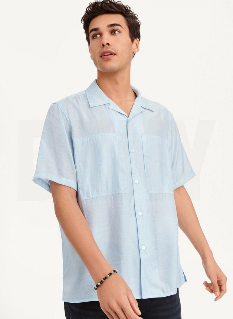 Blue DKNY Imitation Silk Camp Men\'s Shirts | USA-D0253