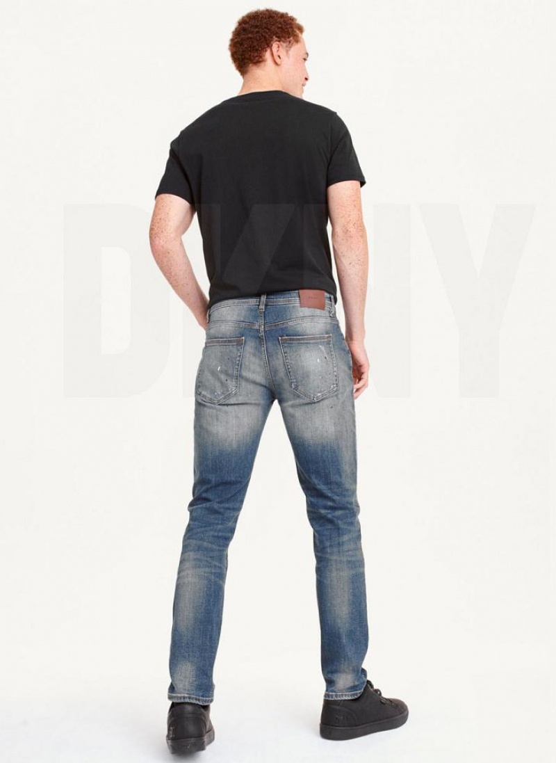 Blue DKNY Paint Splatter Slim Men's Jeans | USA-D1745