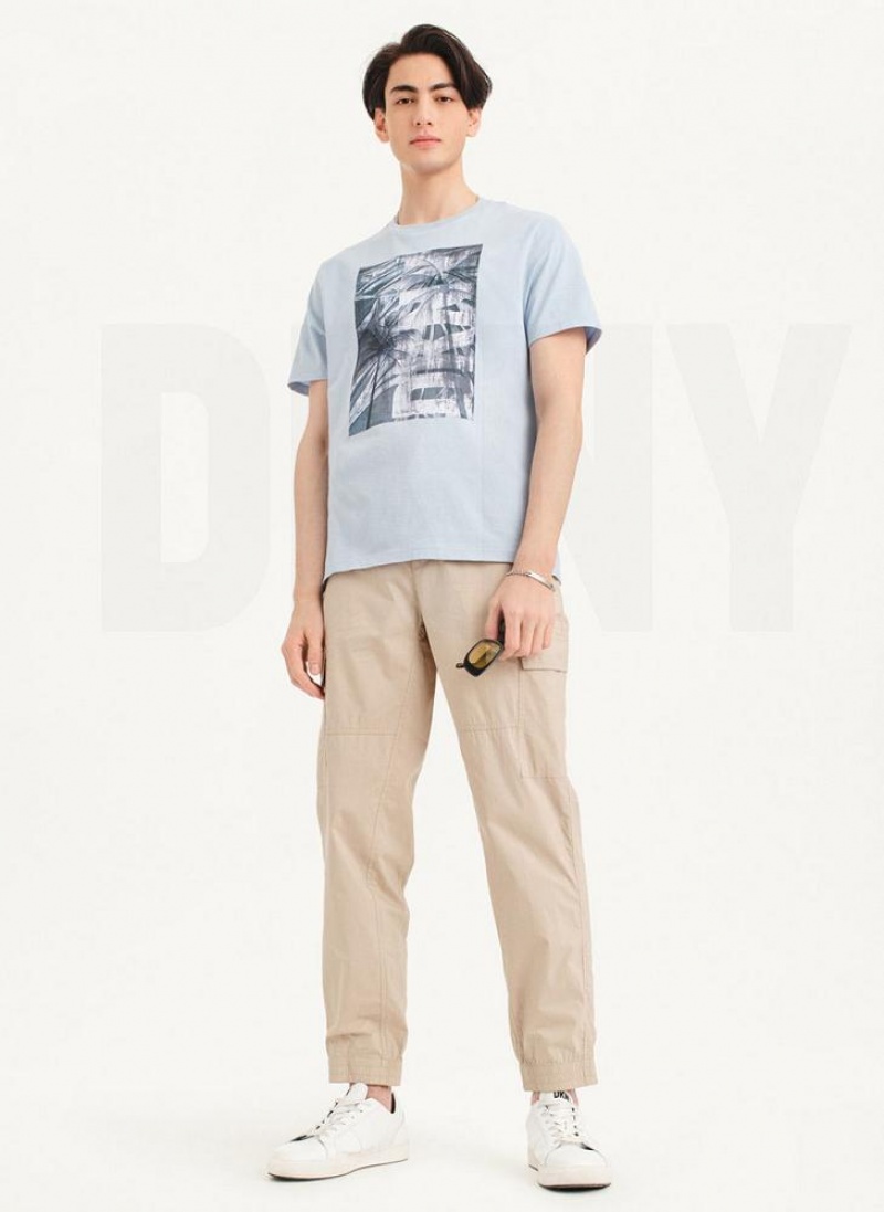 Blue DKNY Palm Distress Men's T Shirts | USA-D1529