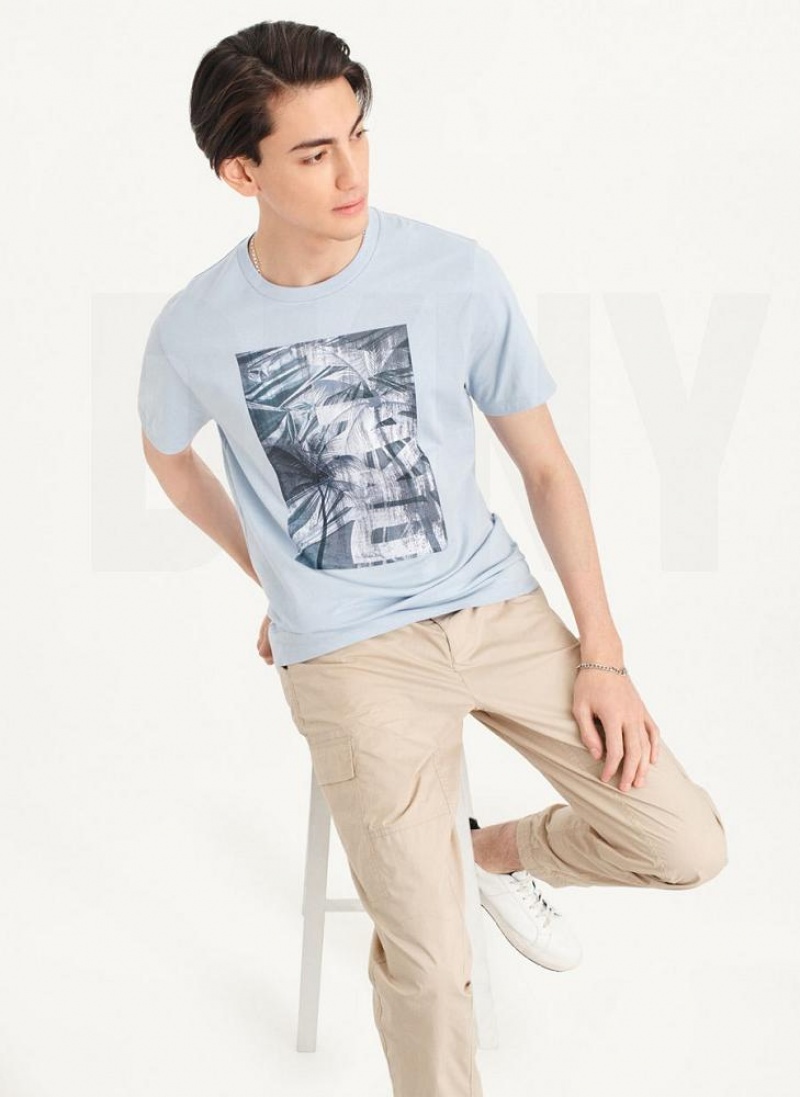 Blue DKNY Palm Distress Men's T Shirts | USA-D1529