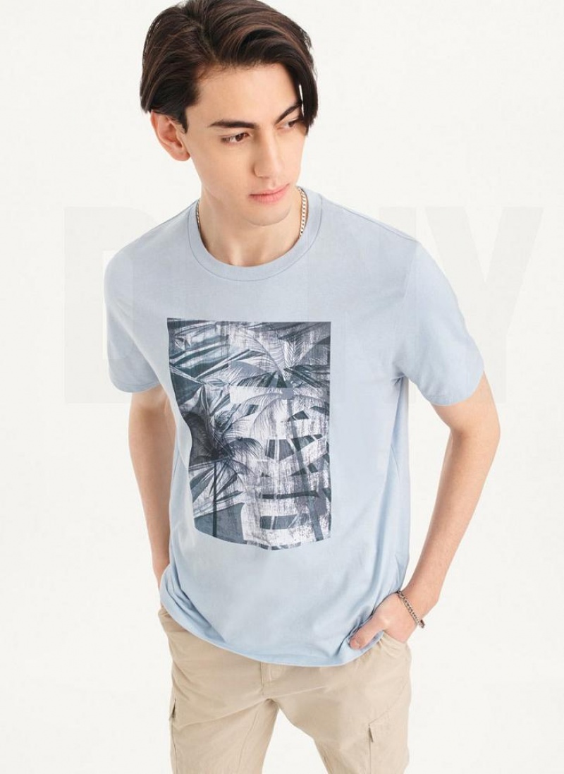 Blue DKNY Palm Distress Men's T Shirts | USA-D1529