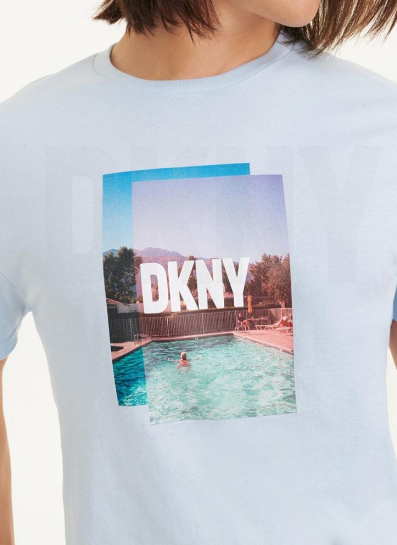 Blue DKNY Pool Graphic Men's T Shirts | USA-D1829