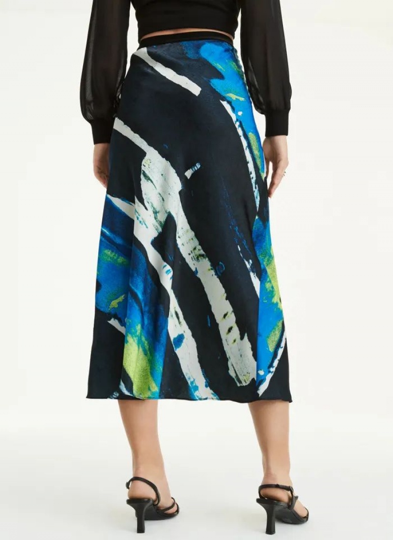 Blue DKNY Pull On Print Satin Midi Women's Skirts | USA-D1234