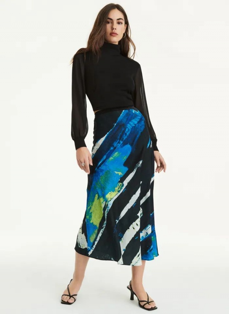 Blue DKNY Pull On Print Satin Midi Women's Skirts | USA-D1234