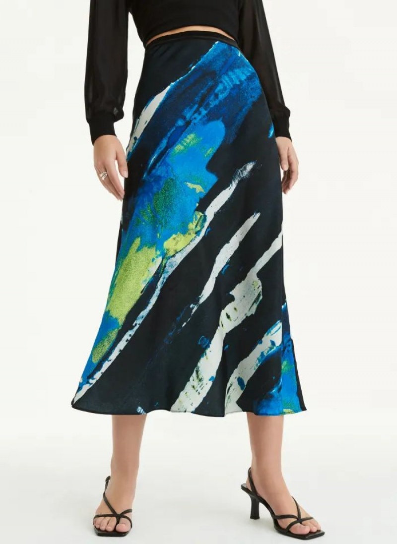 Blue DKNY Pull On Print Satin Midi Women\'s Skirts | USA-D1234