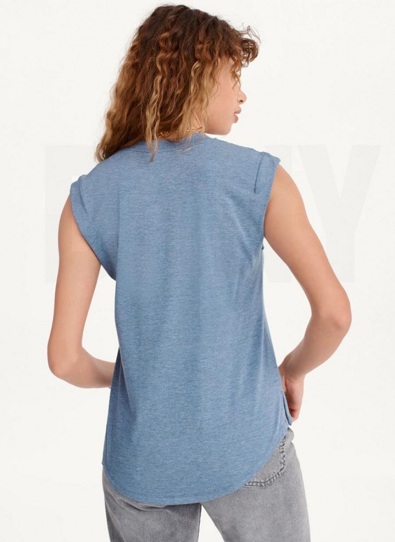 Blue DKNY Round Hem Women's T Shirts | USA-D1134
