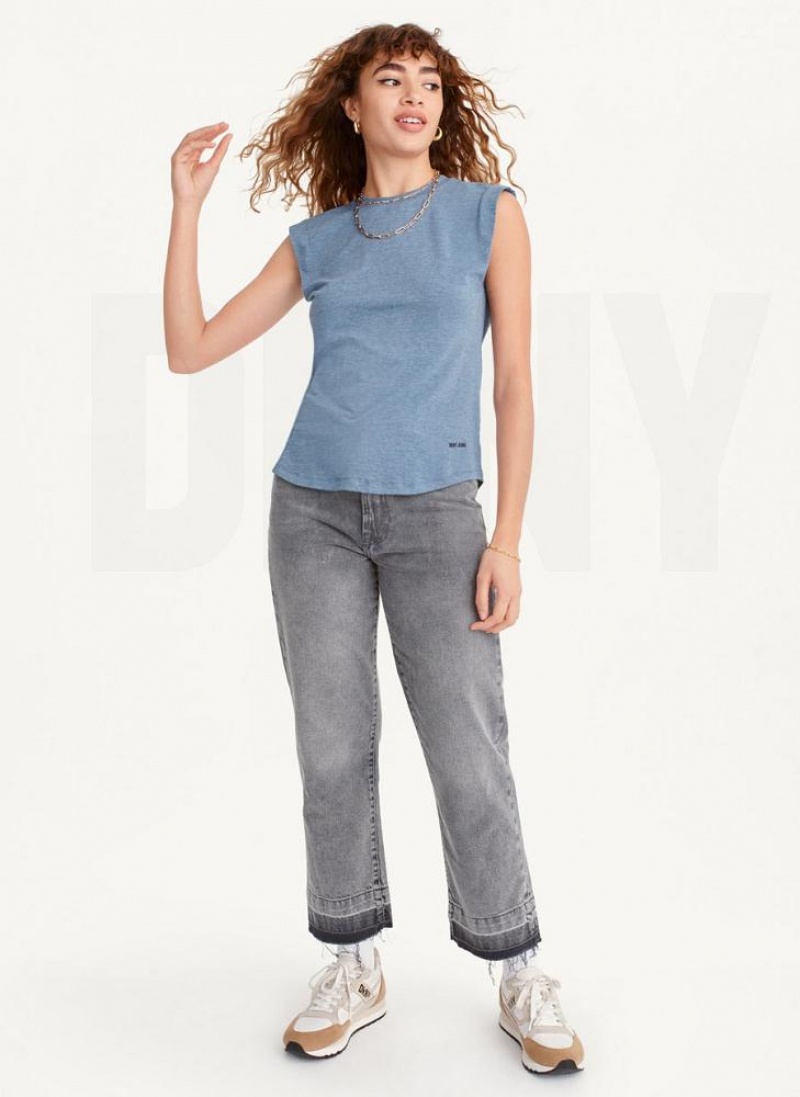 Blue DKNY Round Hem Women's T Shirts | USA-D1134