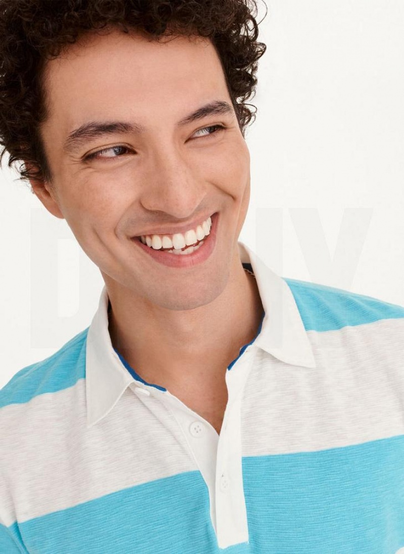 Blue DKNY Rugby Stripe Men's Polo Shirts | USA-D1848