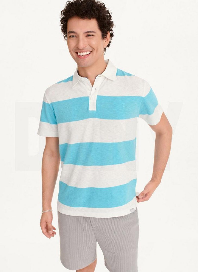 Blue DKNY Rugby Stripe Men\'s Polo Shirts | USA-D1848