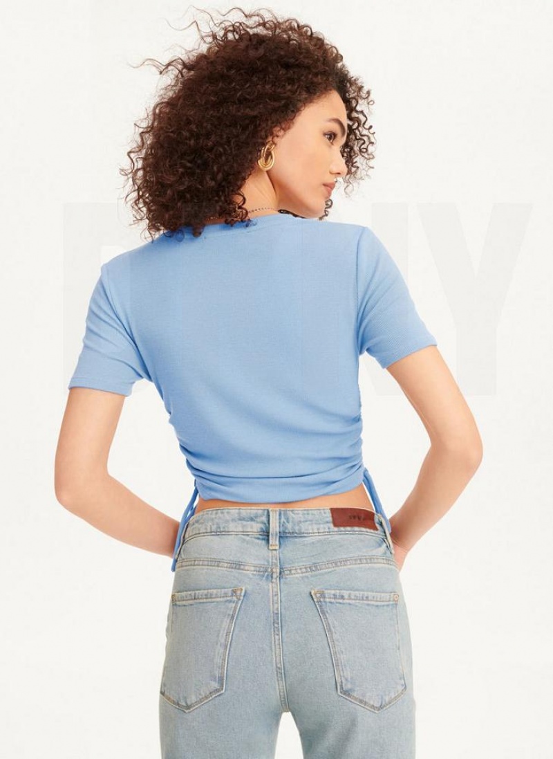 Blue DKNY Short Sleeve Side Ruched Women's T Shirts | USA-D1456