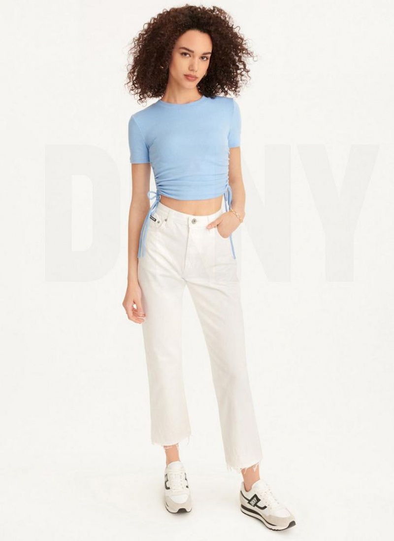 Blue DKNY Short Sleeve Side Ruched Women's T Shirts | USA-D1456