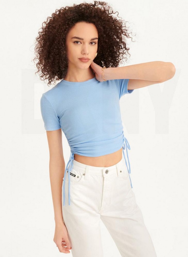 Blue DKNY Short Sleeve Side Ruched Women's T Shirts | USA-D1456