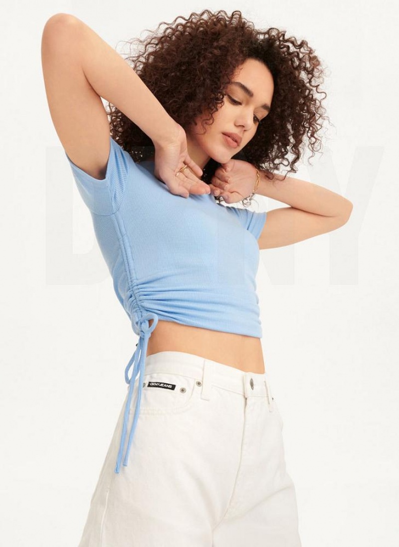 Blue DKNY Short Sleeve Side Ruched Women\'s T Shirts | USA-D1456