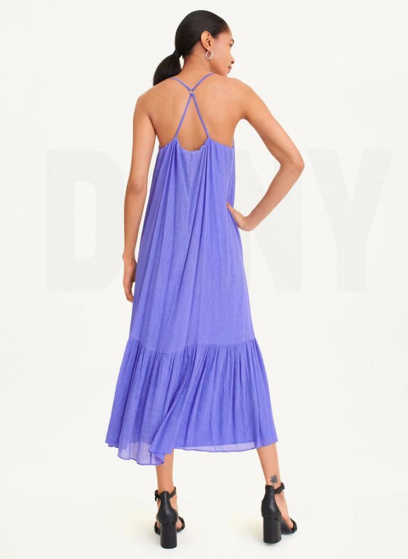 Blue DKNY Sleeveless Crinkly Rayon Women's Dresses | USA-D1540