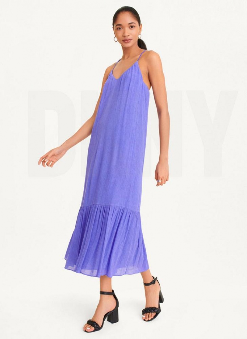 Blue DKNY Sleeveless Crinkly Rayon Women's Dresses | USA-D1540