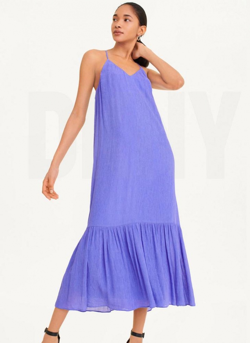 Blue DKNY Sleeveless Crinkly Rayon Women\'s Dresses | USA-D1540