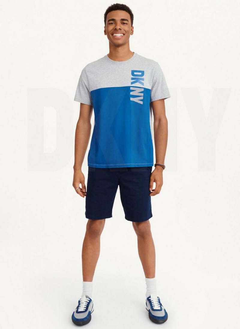 Blue DKNY Split Logo Crewneck Men's T Shirts | USA-D1944
