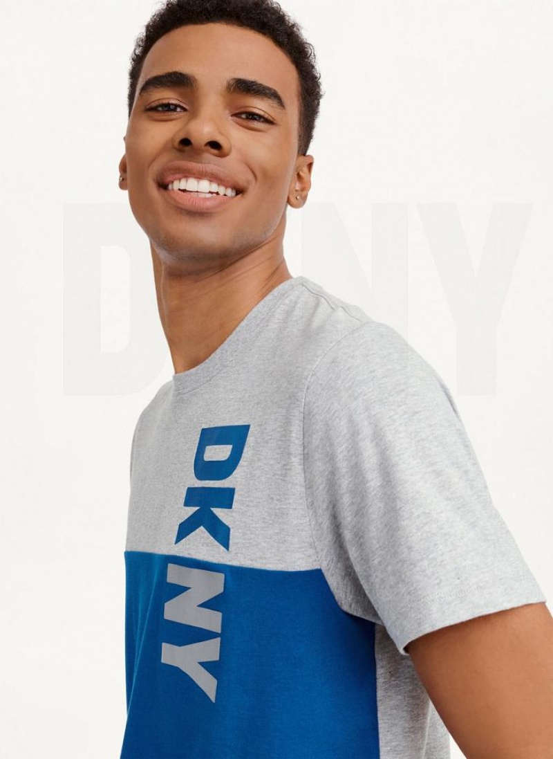 Blue DKNY Split Logo Crewneck Men's T Shirts | USA-D1944