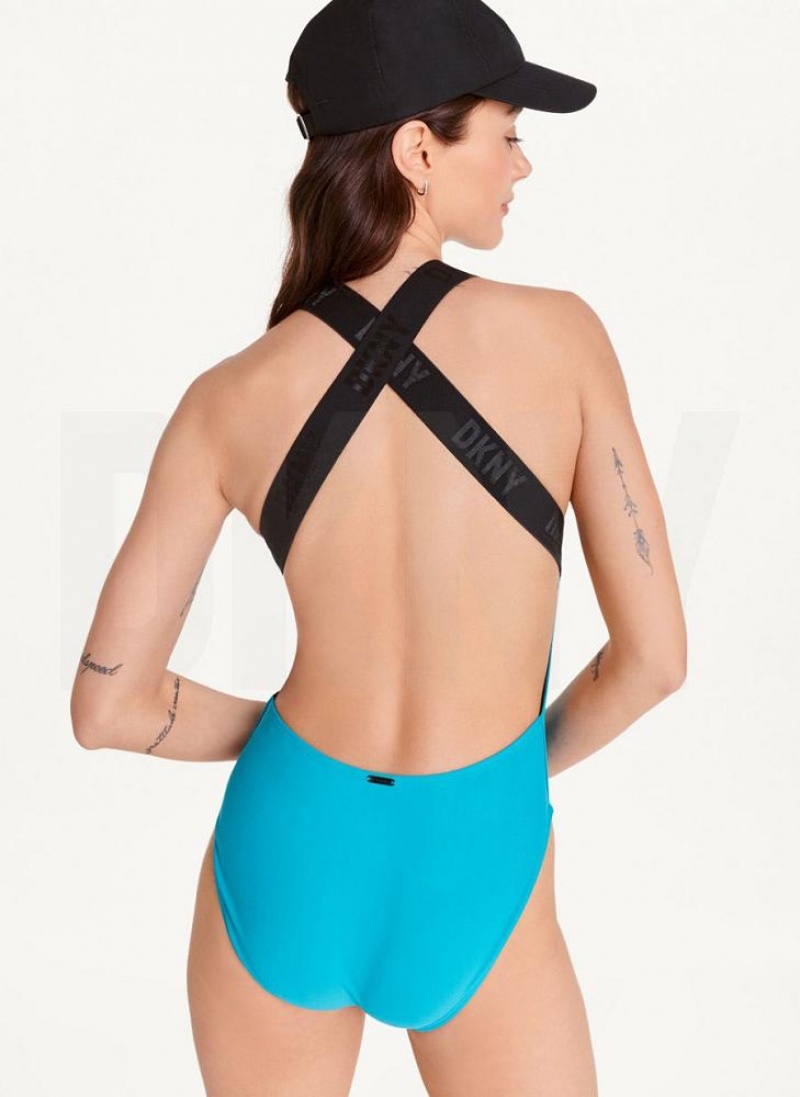 Blue DKNY Square Neck One-Piece Women's Swimsuits | USA-D1515