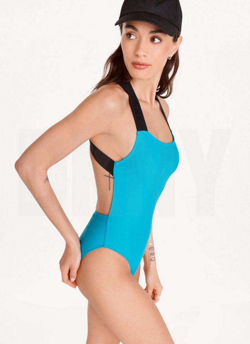 Blue DKNY Square Neck One-Piece Women's Swimsuits | USA-D1515