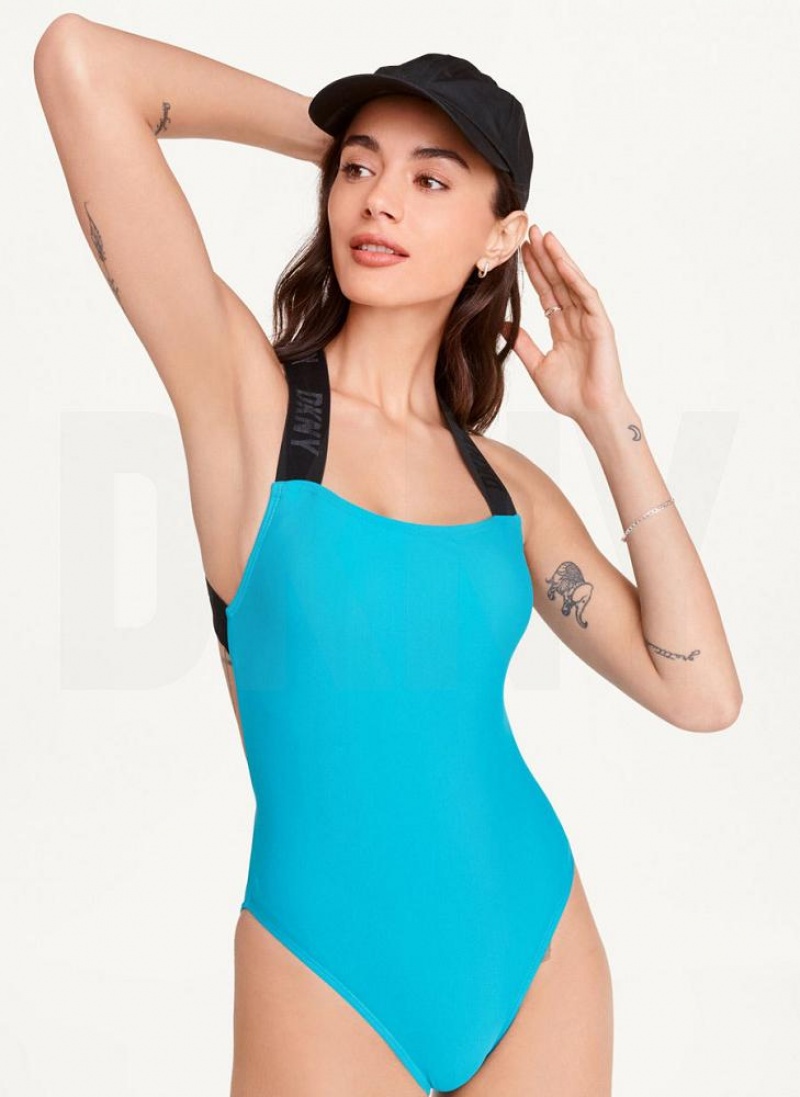 Blue DKNY Square Neck One-Piece Women\'s Swimsuits | USA-D1515